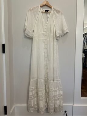 GAP Soft White Button-Front Cotton Voile Maxi Dress with Lace Trim
